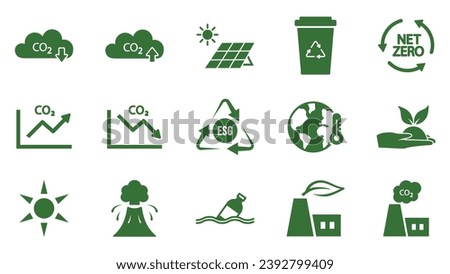 Icon collection with zero emission symbol concept. greenhouse gas carbon credit design set. protect ecological green vector silhouette. carbon net zero neutral natural. carbon footprint art pictogram.