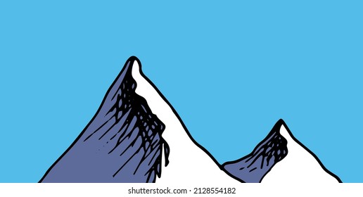 the icon is the color of the mountain range. two mountain peaks drawn by hand with a black line on a snow-gray shadow on a blue sky. The mountain is a simple doodle-style drawing by hand for a design 