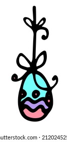 an icon of a colored blue Easter egg on a ribbon with a bow . a hand-drawn egg with a doodle-style turquoise ceta pattern with wavy lines and dots with a bow and ribbon on white for a template Vector 