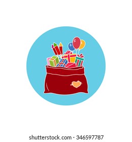 Icon Colorful Bag of Santa Claus with Gifts , a Bag with Gifts and Multicolored Firecrackers and Balloons,Christmas Decorations, Vector Illustration