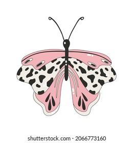 The icon of a colorful butterfly with a leopard pattern. Nostalgia for the 2000 years. Y2k style. Simple flat linear vector illustration of a butterfly isolated on a white background.