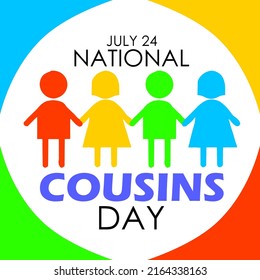 Icon colorful symbols boy and girl holding hands as cousins ​​with bold text and colorful frames on white background, National Cousins Day July 24