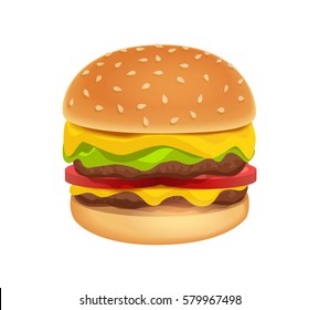 Icon of Colorful Tasty Burger isolated on white background. Sandwich in cartoon style.