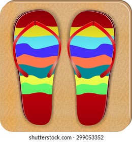 icon colourful beach slippers stand on sand on a beach