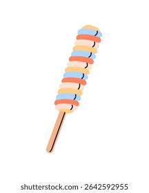 Icon of colourful ice cream or hard candy on wooden stick. Lollipop or icecream with fruit layers. Popsicle, frozen summer dessert for kids. Flat isolated vector illustration on white background