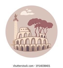 Icon with a column, an amphitheater and pine trees in Rome in monochrome colors. Vector illustration.
