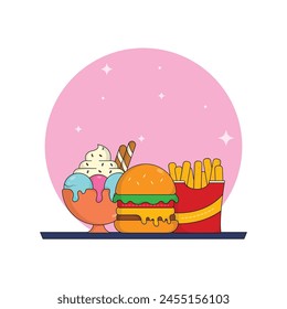 icon combo burger, ice cream, french fries vector illustration.fast food and drink concept suitable for landing page,sticker,banner,background,logo