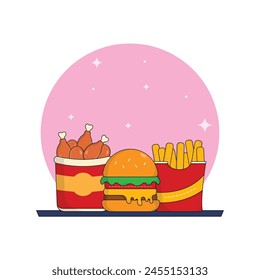 icon combo burger,french fries, fried chicken vector illustration.fast food and drink concept suitable for landing page,sticker,banner,background,logo