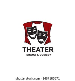 icon of comedy and tragedy theatrical masks on scene with curtains isolated on white background