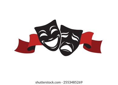 icon of comedy and tragedy theatrical masks with ribbon isolated on white background