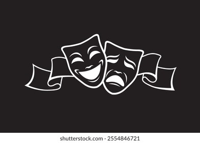 icon of comedy and tragedy theatrical masks with ribbon isolated on black background