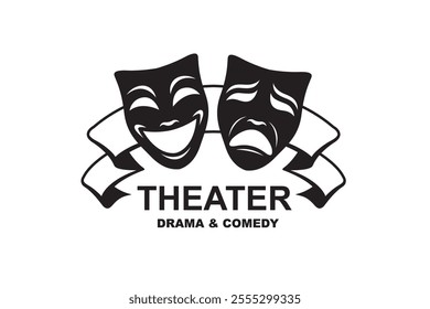 icon of comedy and tragedy theatrical masks with ribbon isolated on white background