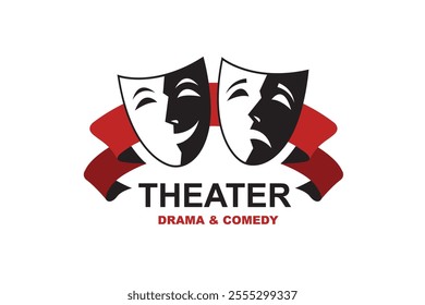 icon of comedy and tragedy theatrical masks with ribbon isolated on white background