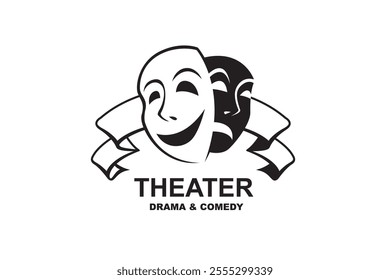 icon of comedy and tragedy theatrical masks with ribbon isolated on white background