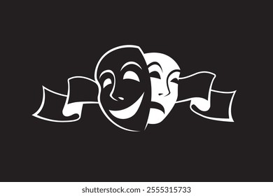 icon of comedy and tragedy theatrical masks with ribbon isolated on black background