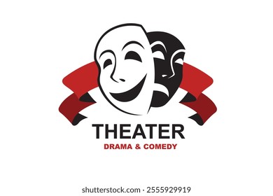 icon of comedy and tragedy theatrical masks with ribbon isolated on white background