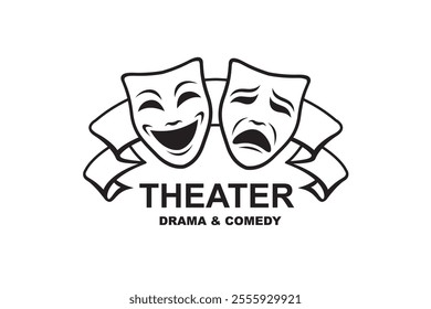 icon of comedy and tragedy theatrical masks with ribbon isolated on white background