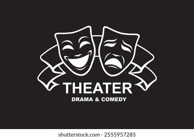 icon of comedy and tragedy theatrical masks with ribbon isolated on black background