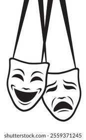 icon of comedy and tragedy theatrical masks with ribbon isolated on white background