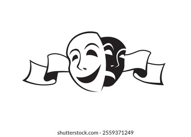 icon of comedy and tragedy theatrical masks with ribbon isolated on white background