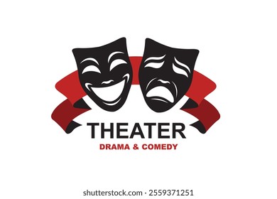 icon of comedy and tragedy theatrical masks with ribbon isolated on white background