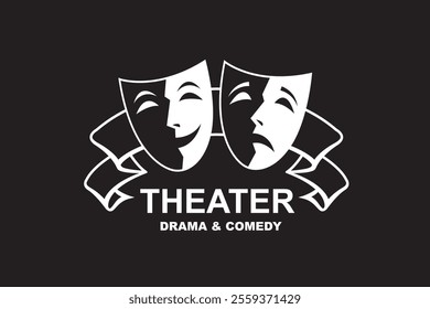 icon of comedy and tragedy theatrical masks with ribbon isolated on black background