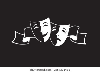 icon of comedy and tragedy theatrical masks with ribbon isolated on black background