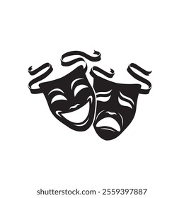 icon of comedy and tragedy theatrical masks with ribbon isolated on white background