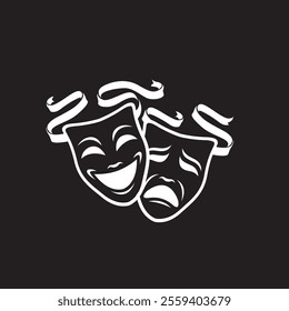 icon of comedy and tragedy theatrical masks with ribbon isolated on black background