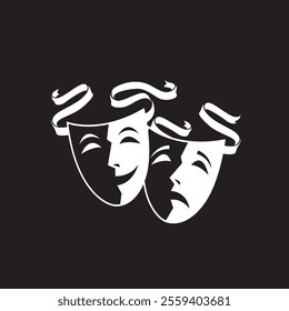 icon of comedy and tragedy theatrical masks with ribbon isolated on black background