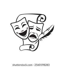 icon of comedy and tragedy theatrical masks with paper isolated on white background