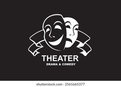 icon of comedy and tragedy theatrical masks with ribbon isolated on black background