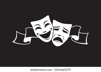 icon of comedy and tragedy theatrical masks with ribbon isolated on black background