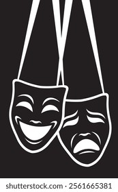 icon of comedy and tragedy theatrical masks with ribbon isolated on black background