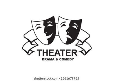 icon of comedy and tragedy theatrical masks with ribbon isolated on white background