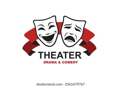 icon of comedy and tragedy theatrical masks with ribbon isolated on white background