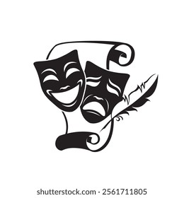 icon of comedy and tragedy theatrical masks with paper isolated on white background