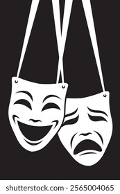 icon of comedy and tragedy theatrical masks with ribbon isolated on black background