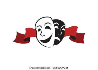 icon of comedy and tragedy theatrical masks with ribbon isolated on white background