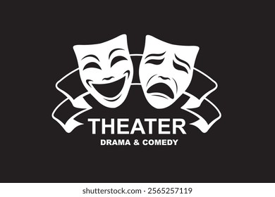 icon of comedy and tragedy theatrical masks with ribbon isolated on black background