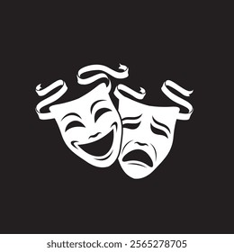 icon of comedy and tragedy theatrical masks with ribbon isolated on black background