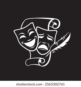 icon of comedy and tragedy theatrical masks with paper isolated on black background