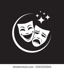 icon of comedy and tragedy theatrical masks isolated on black background