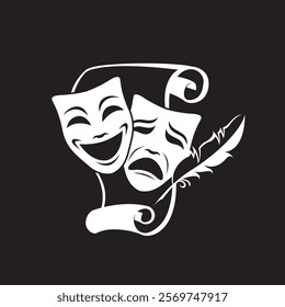 icon of comedy and tragedy theatrical masks with paper isolated on black background