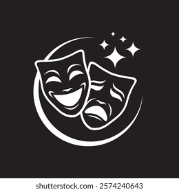 icon of comedy and tragedy theatrical masks isolated on black background