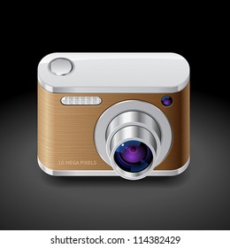 Icon for compact camera decorated with wood. Dark background. Vector saved as eps-10, file contains objects with transparency.