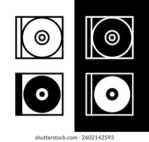 Icon of a compact disc in a box. Symbol of a melody, music or song, movie or video. Pictogram for a playlist or music album.