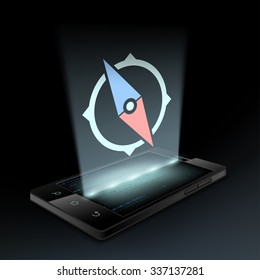 Icon compass on the screen smartphone. Hologram. Stock vector illustration.