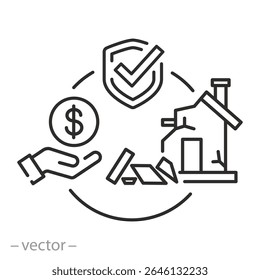 icon of compensation for destroyed property, property insurance,  security home, protection of real estate, damage house, thin line symbol on white background - editable stroke vector illustration eps