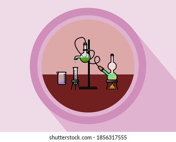 Icono con composición de frascos químicos en marco redondo. Vector